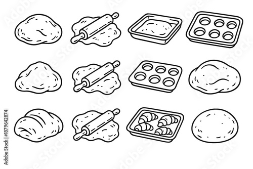 Tray still pin life icon vector set dough baking rolling bakery