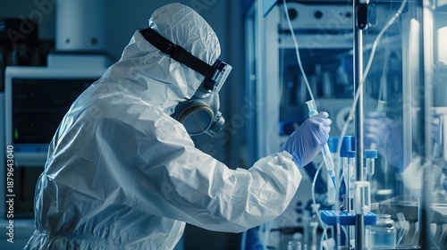 防護服を着た科学者が最先端機器を操作する医療研究ラボ