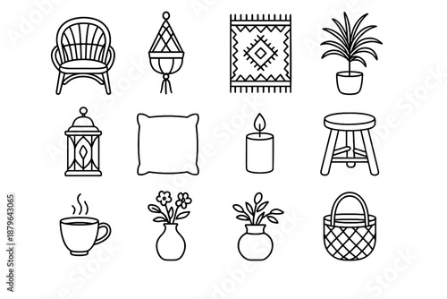 Vector pillow icon throw rug patio vase wicker wooden macrame boho chair