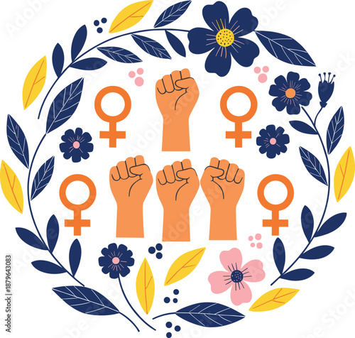 Women Empowerment Illustration with Raised Fists and Feminist Symbols Floral Vector Design