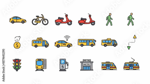 Collection of transportation and city icons.