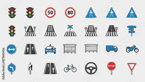 Collection of traffic and road signs icons.