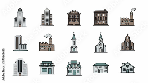 Collection of diverse building illustrations in a flat design style.