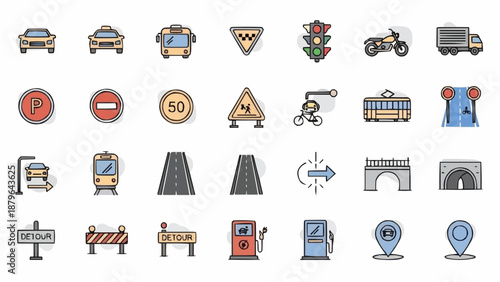 Collection of Transportation and Traffic Icons.