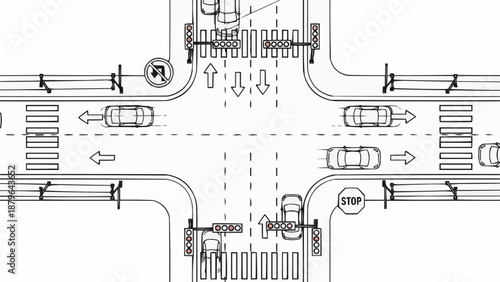 Top view of a busy intersection with cars and traffic signals.