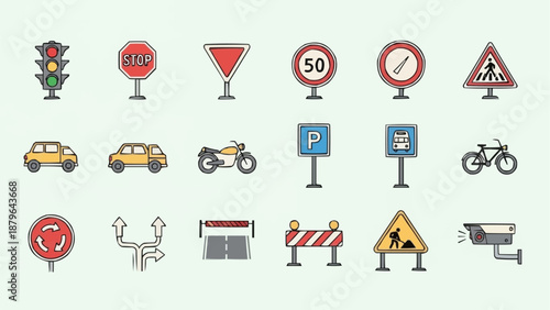Collection of traffic and road signs with vehicles and security camera.