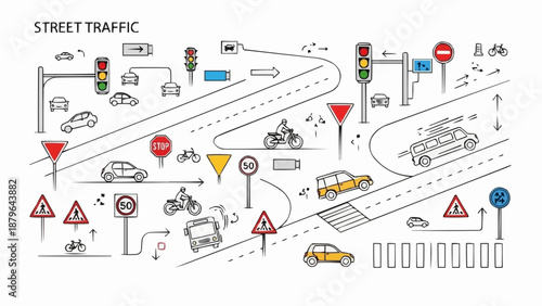 Street Traffic Road Signs and Vehicles Doodle Illustration.