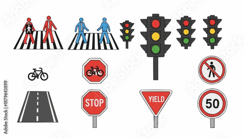 Traffic signals and road signs collection for urban transportation safety.