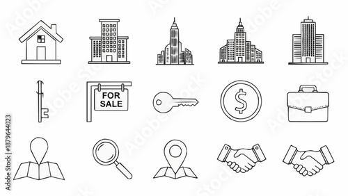 Real Estate Icons Set Collection Buildings Keys Money.