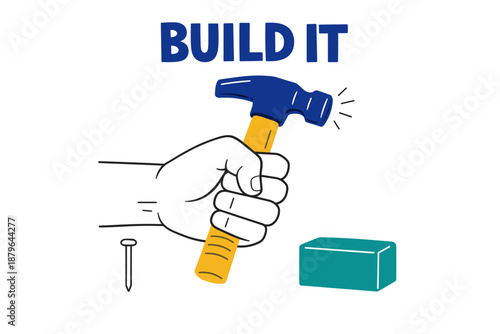 Hand holding hammer with nail and block illustration for construction theme
