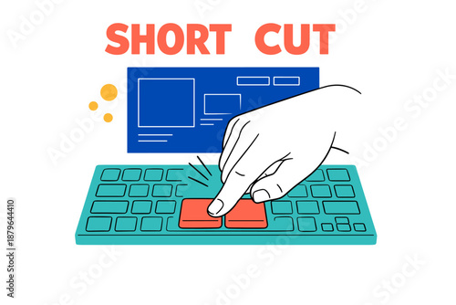 Hand pressing keyboard shortcut keys in colorful digital design