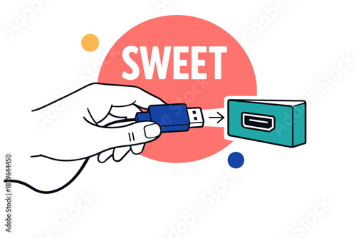 Hand holding usb drive approaching hdmi port in modern digital illustration