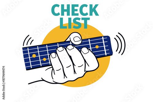 Hand holding guitar neck illustration with musical checklist theme