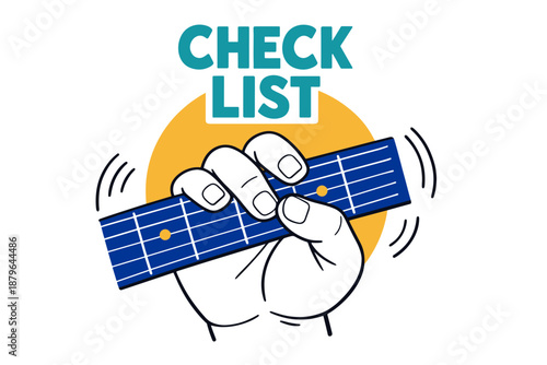 Hand holding guitar fretboard with check list text and vibrating strings illustration