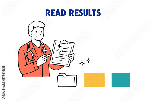Male doctor reviewing medical results with clipboard and folder illustration