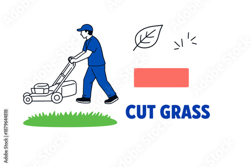 Man mowing lawn illustration with lawn mower and cut grass icon