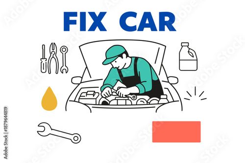 Male mechanic repairing car engine with tools and oil icons