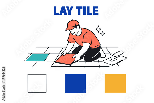 Male worker laying floor tiles with tools in a minimalist style