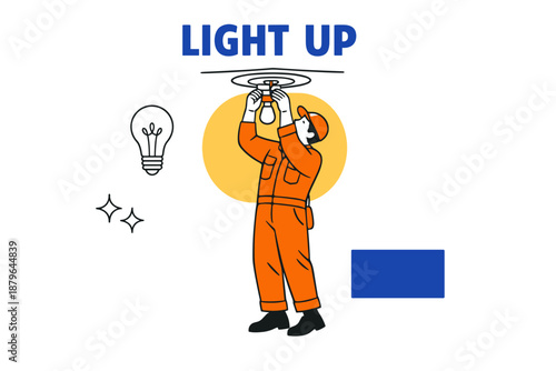 Worker changing lightbulb illustration with safety gear