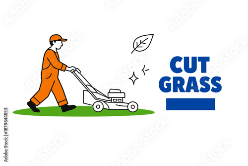 Male adult lawn mowing - illustration of grass cutting activity