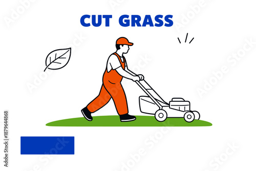 Male gardener mowing lawn with grass cutter illustration