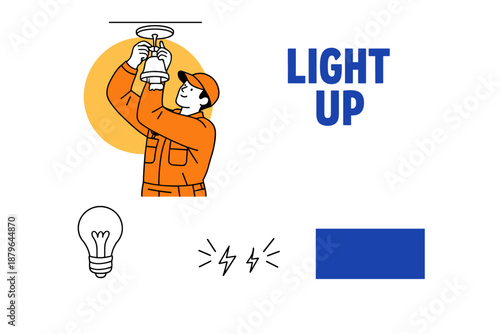 Male technician installing ceiling light fixture - home maintenance illustration