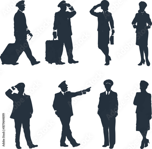Silhouettes of airline pilots and flight attendants in various professional poses for transportation concepts