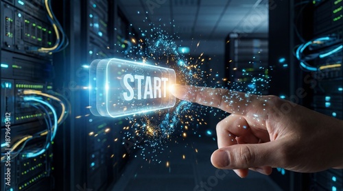 Hand activating start button in data center with futuristic interface
