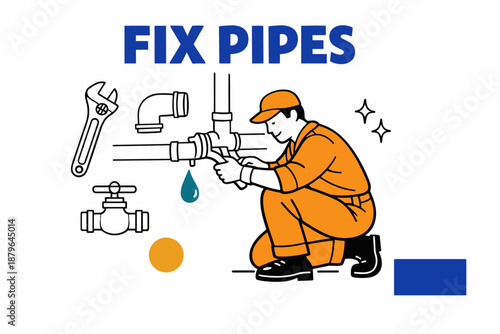 Male plumber repairing pipes with wrench and valves in uniform