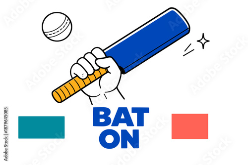 Hand holding cricket bat with ball nearby over white background