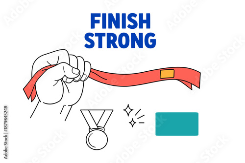 Hand holding finish line ribbon with medal and stars illustrations