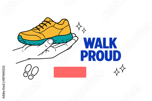 Colorful sneaker on hand: walk proud concept with footprints and sparkles