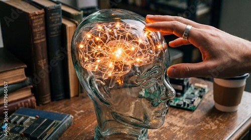 Innovative mind concept with glowing brain model on desk