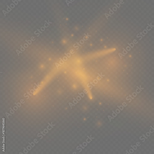 Golden stage spotlight beams with smoke on black background, glowing theatrical lamp rays for concert or show presentation.