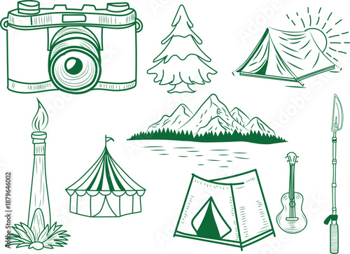 Collection of vintage hand drawn icons representing various outdoor adventure camping and nature exploration elements