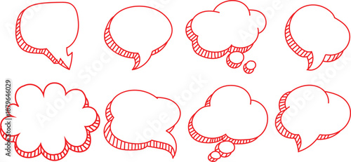Collection of eight hand drawn empty speech and thought bubbles featuring unique doodle outlines for messages