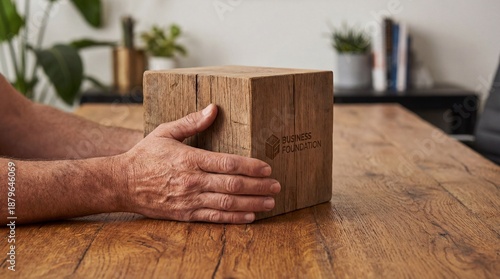 Man holding wooden block with business foundation logo on desk