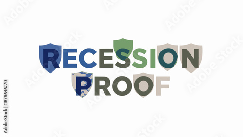 Colorful shields protecting RECESSION PROOF phrase boldly