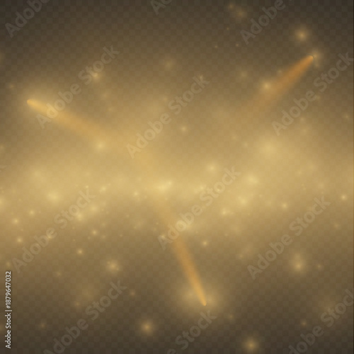Set of golden spotlights in fog on a transparent background. Glowing light effect with golden rays and beams with a smoke effect. Stage spotlight, theatrical stage lighting.