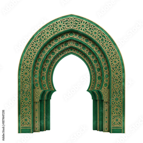green islamic arch ornate gateway with gold arabesque patterns