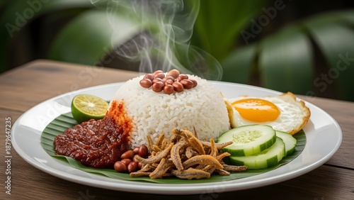 Malaysian nasi lemak fragrant coconut rice with sambal crispy anchovies peanuts and cucumber national breakfast