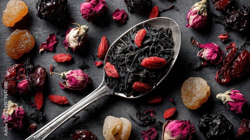 Overhead View of Black Tea Mixture with Red Goji Berries and Pink Rose Buds on Rustic Dark Background