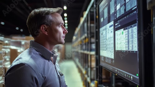 Logistics manager overseeing automated warehouse operations while monitoring real-time inventory management systems during evening hours