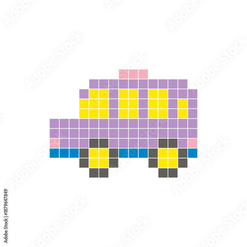 A flat pixel design made of geometric square color blocks on a clean icon layout. Pixel art minibus