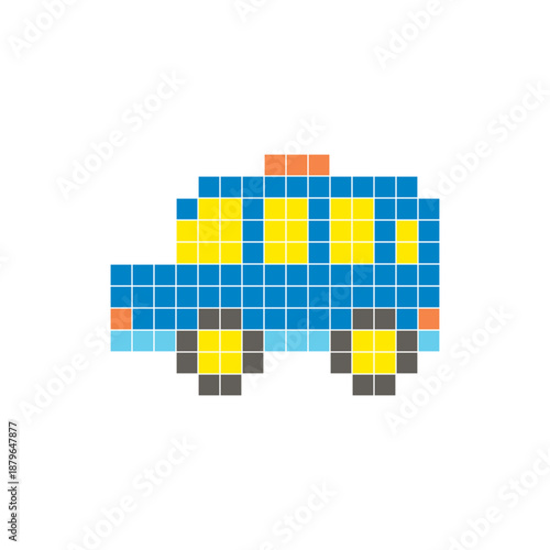 A flat pixel design made of geometric square color blocks on a clean icon layout. Pixel art minibus