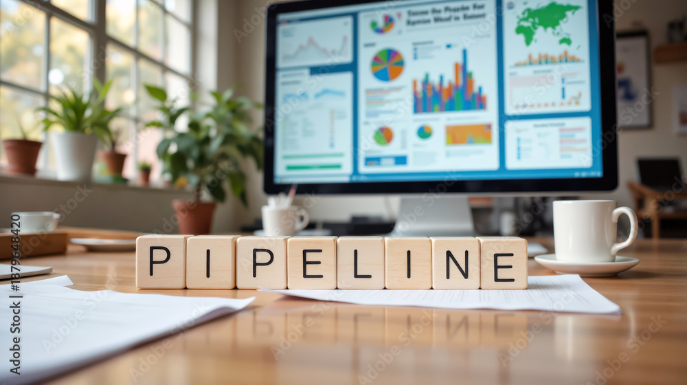 Fototapeta premium Sales pipeline analytics for lead management and revenue forecasting with KPI reporting dashboard, supporting CRM strategy, deal tracking and conversion optimization for growth planning