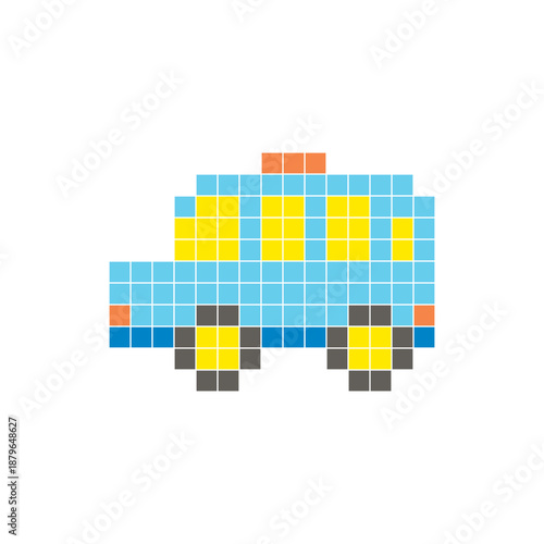 A flat pixel design made of geometric square color blocks on a clean icon layout. Pixel art minibus
