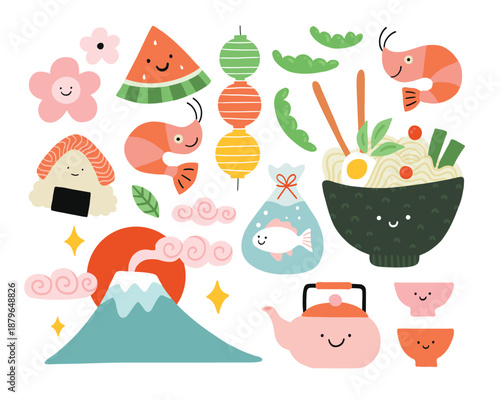 Japanese tradition collection, food set. Japan food with happy smiles. Fuji mountain. Kawaii asian meal, doodle style illustration. Ramen, shrimp, watermelon, edamame beans, fish, sakura, onigiri.