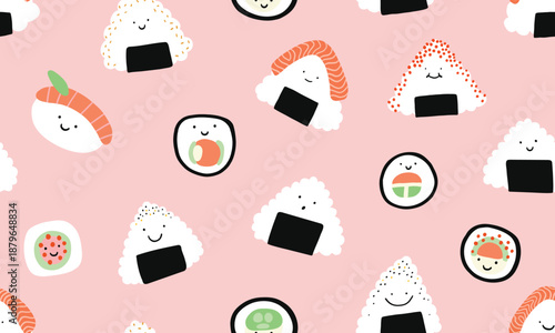 Cute onigiri and sushi seamless pattern. Smiling rice balls Japanese asian food. Japan onigiri and sushi with smile. Pink background. Repeating pattern illustration for wrapping paper, background.