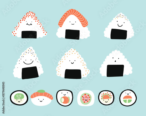 Cute vector set of onigiri and sushi. Japanese food with smiling faces. Funny simple illustration collection. Rice asian food, with salmon, caviar, nori, wasabi. Stickers, prints, emoji, menu.